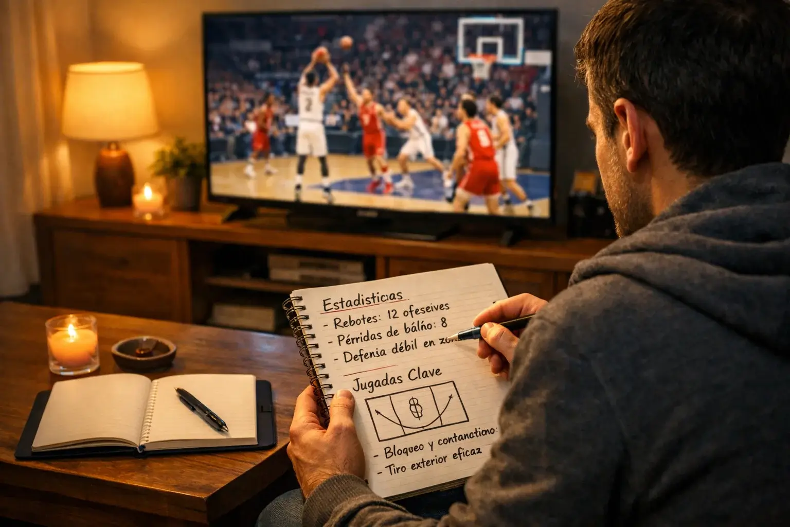 Persona tomando notas en libreta mientras observa partido de baloncesto en televisión