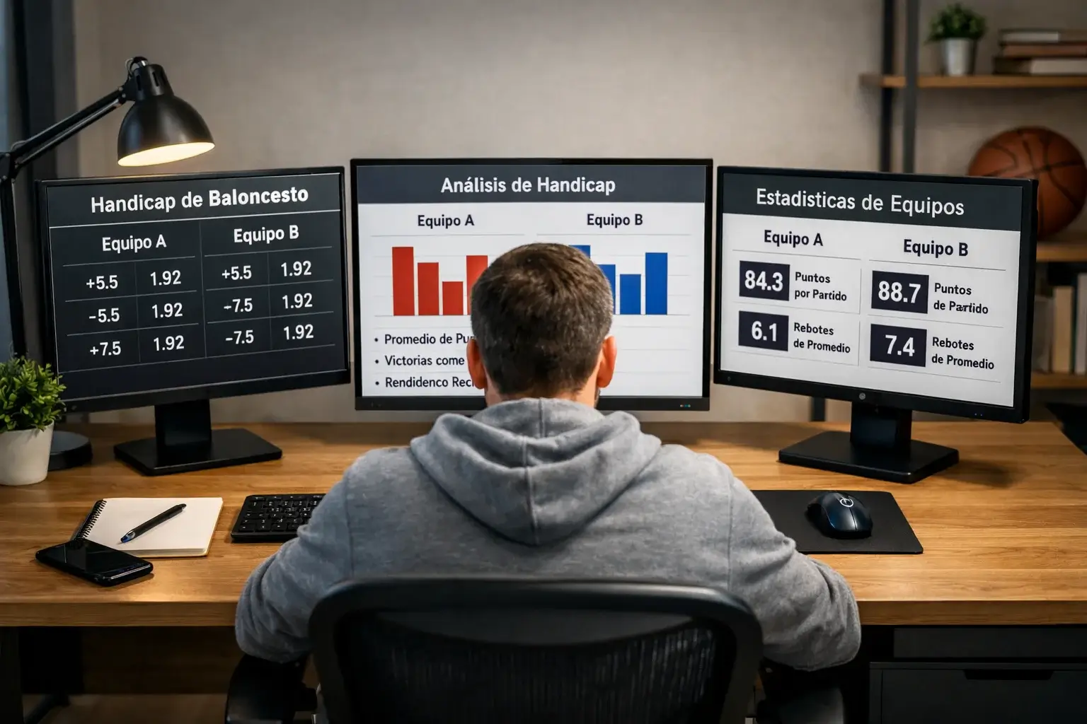 Persona analizando estadísticas de la NBA en múltiples pantallas de ordenador