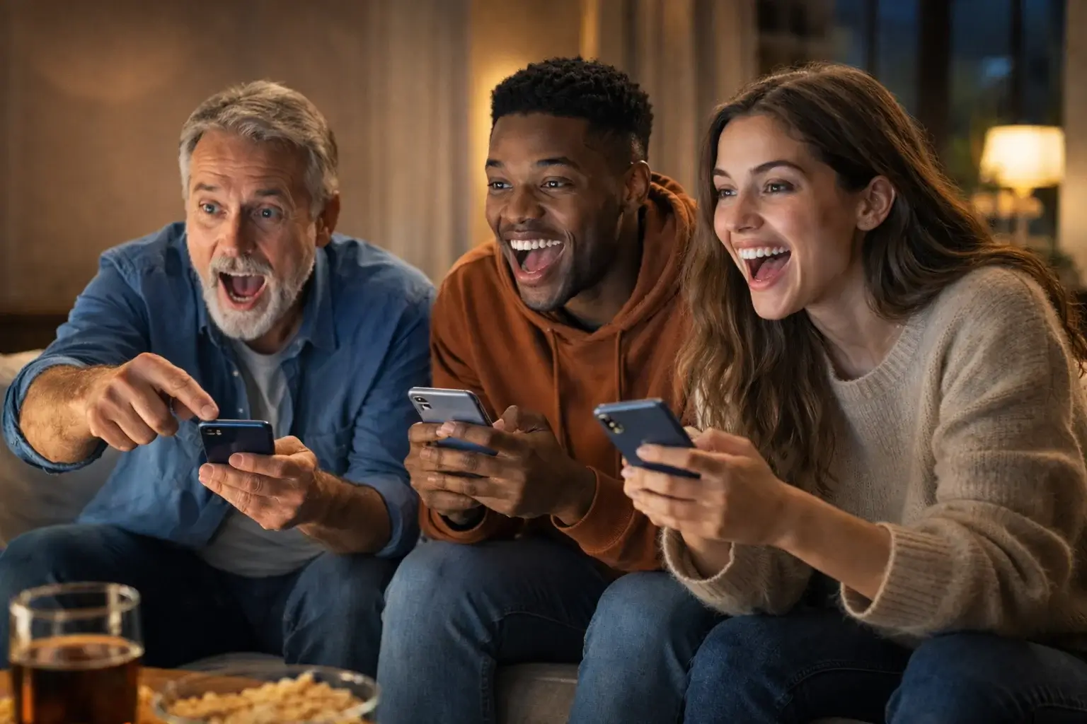 Aficionados viendo partido de baloncesto en directo con smartphones en la mano