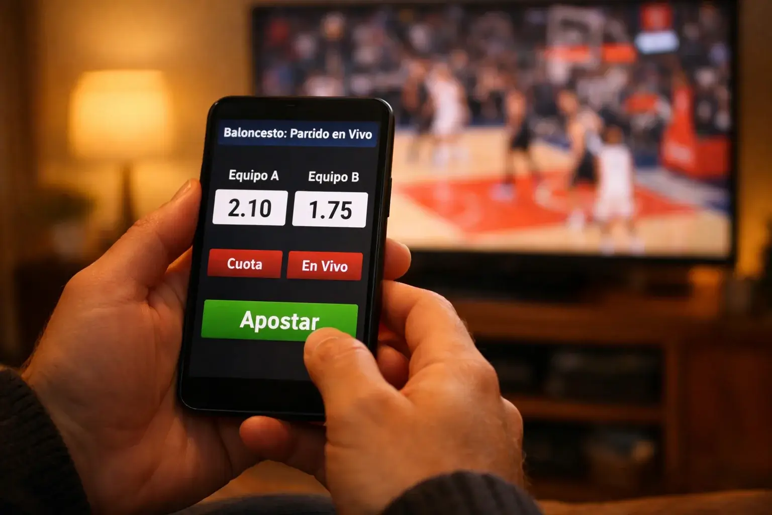 Persona usando smartphone para apostar mientras ve baloncesto en directo