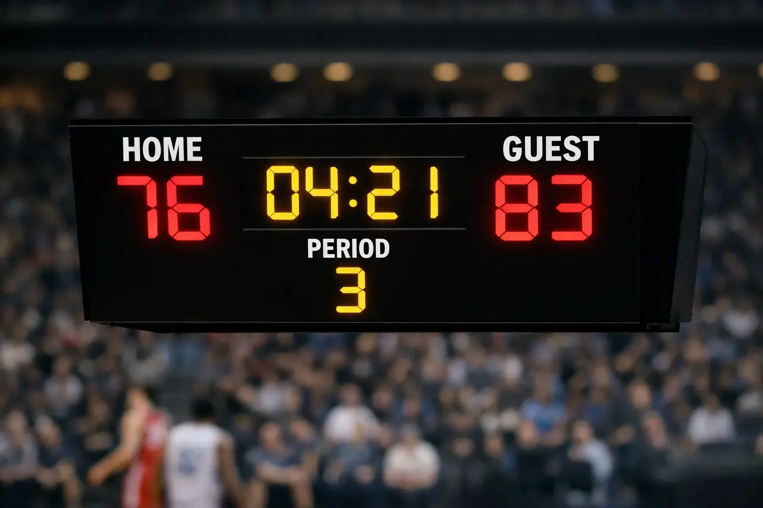 Marcador electrónico de baloncesto mostrando puntuación durante un partido