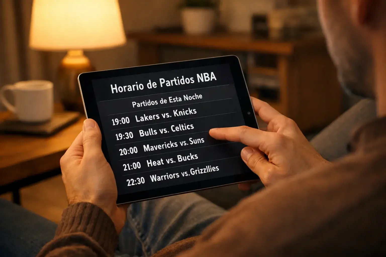 Persona revisando el horario de partidos NBA en su tablet por la noche