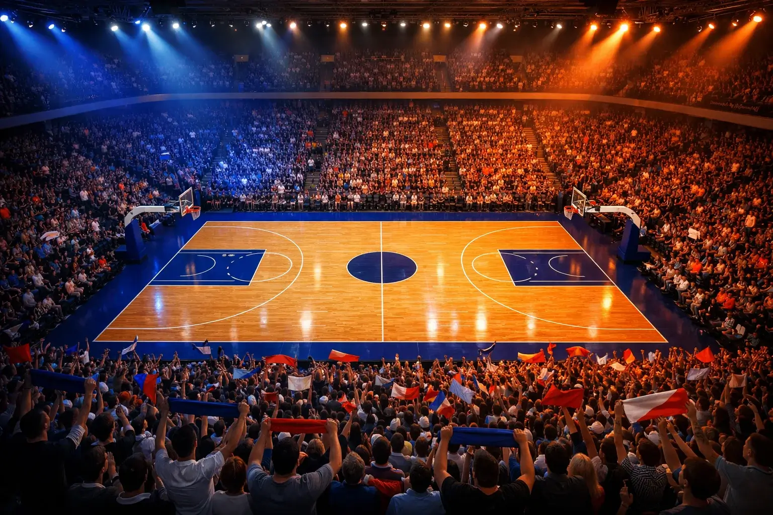 Pabellón de baloncesto profesional con afición animando durante partido nocturno