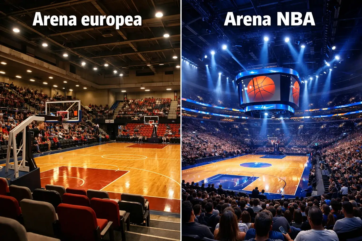 Comparación visual entre pabellón europeo y arena NBA mostrando diferencias