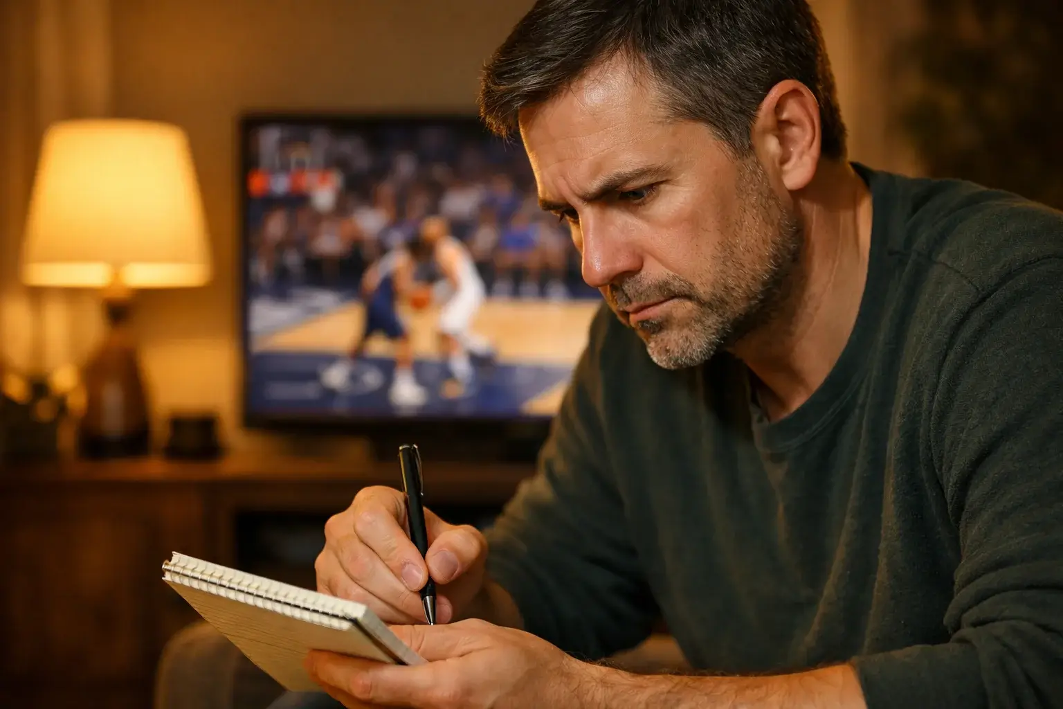 Aficionado viendo un partido de baloncesto en televisión tomando notas
