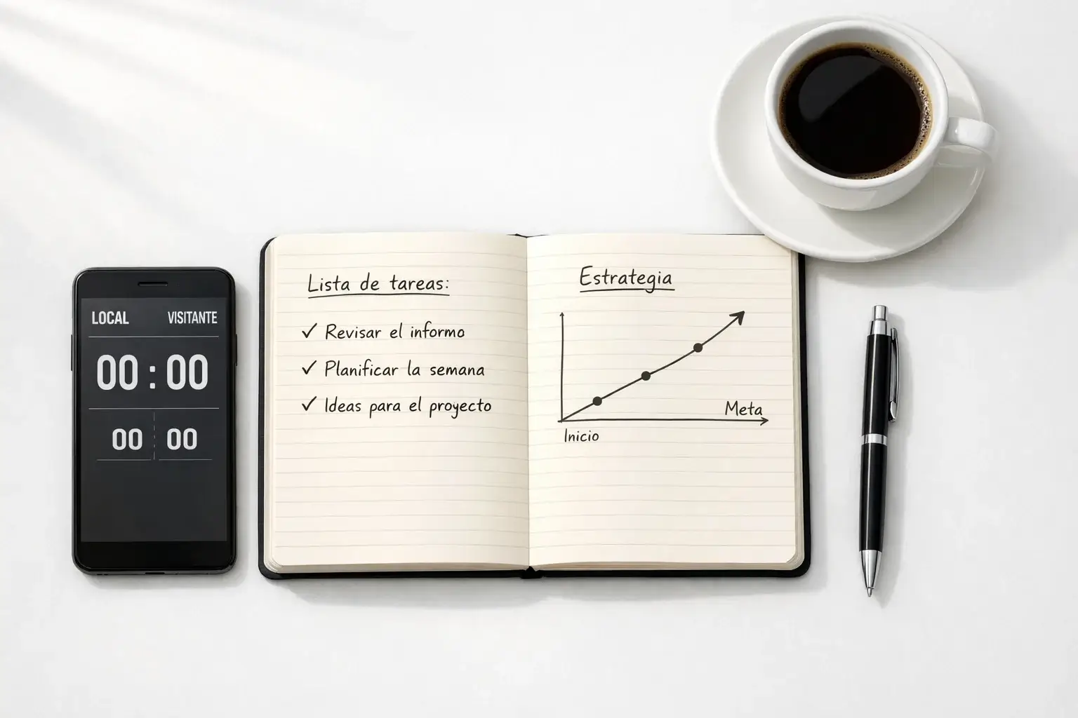 Mesa de trabajo con libreta de registros y smartphone mostrando resultados de baloncesto