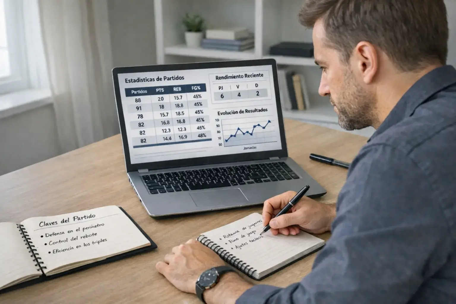 Analista estudiando partidos de Euroliga con notas y estadísticas en su escritorio