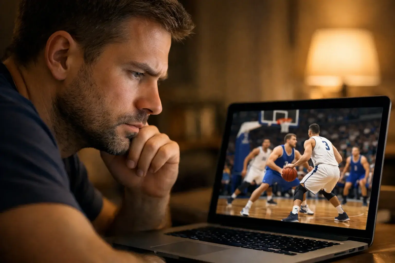 Aficionado concentrado siguiendo un partido de baloncesto en su portátil
