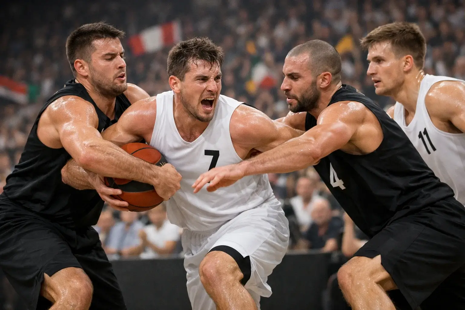 Pabellón de baloncesto europeo lleno de aficionados durante un partido de Euroliga