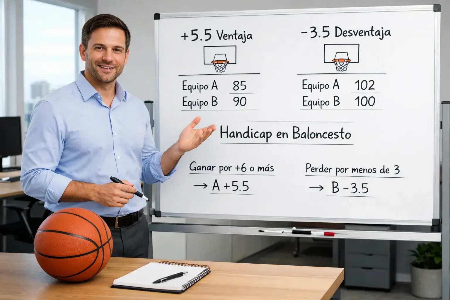 Analista deportivo explicando el funcionamiento del hándicap con pizarra y marcador