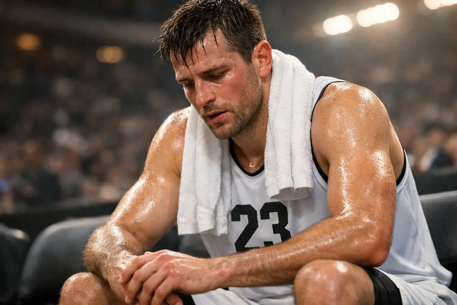 Jugador de baloncesto cansado sentado en el banquillo durante un descanso