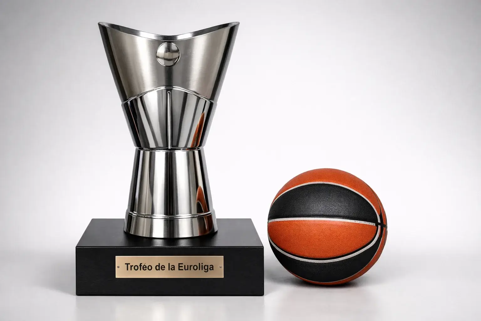 Trofeo de la Euroliga exhibido junto a un balón de baloncesto oficial