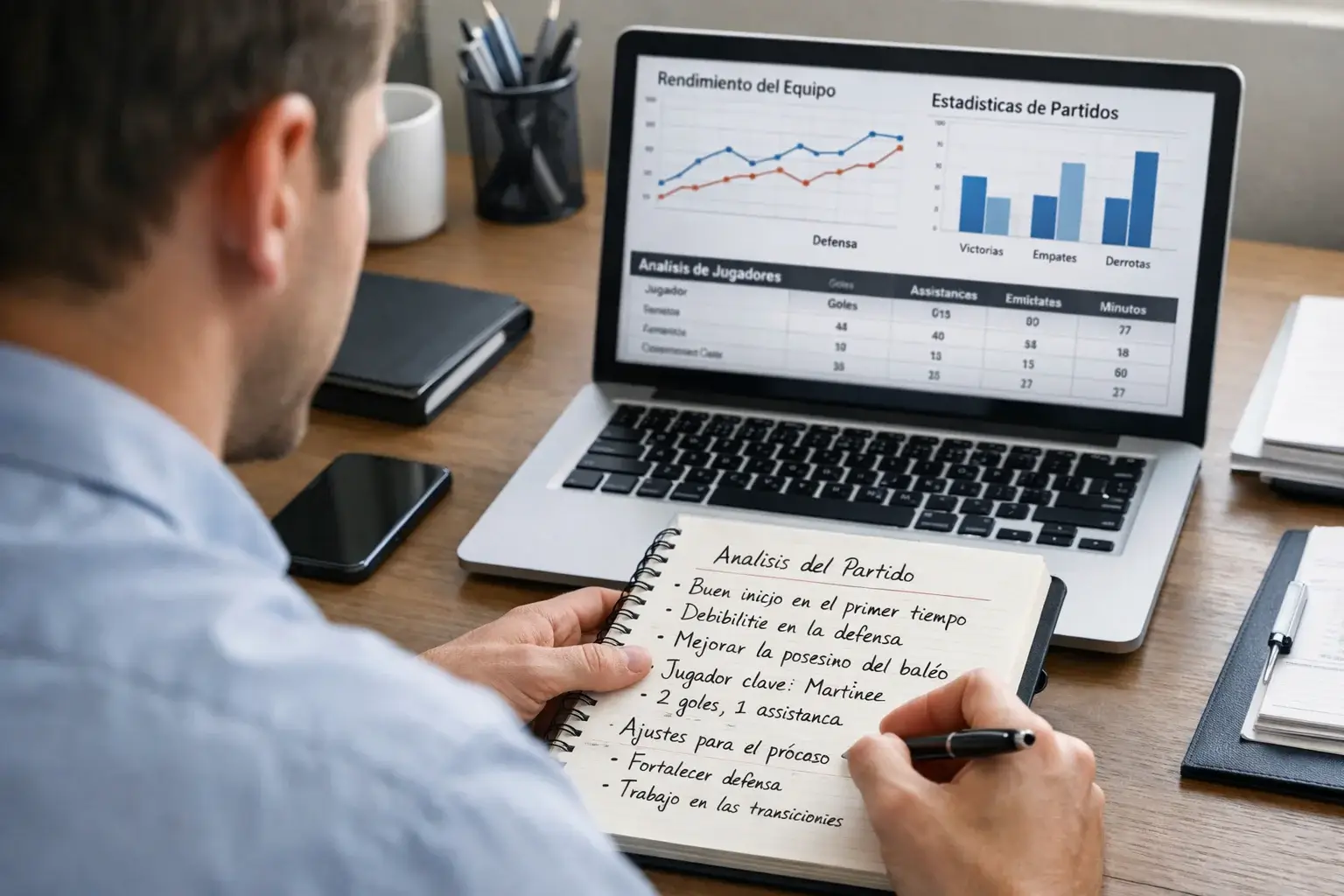 Persona concentrada analizando datos deportivos en su escritorio con notas