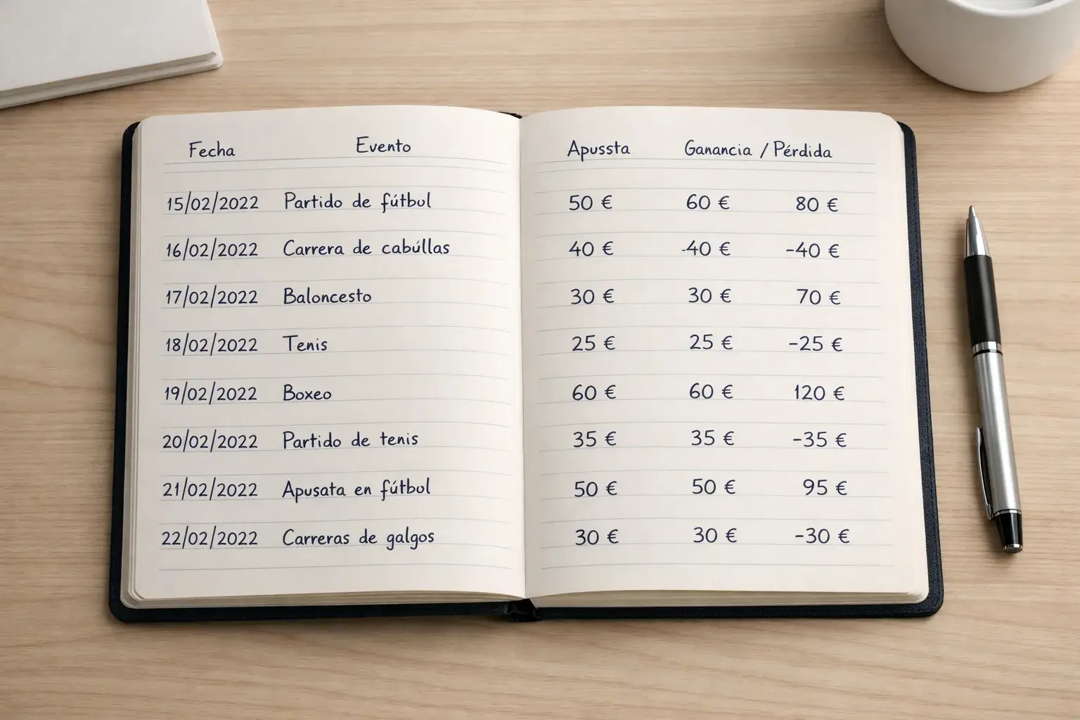 Cuaderno de registro de apuestas junto a una calculadora y bolígrafo