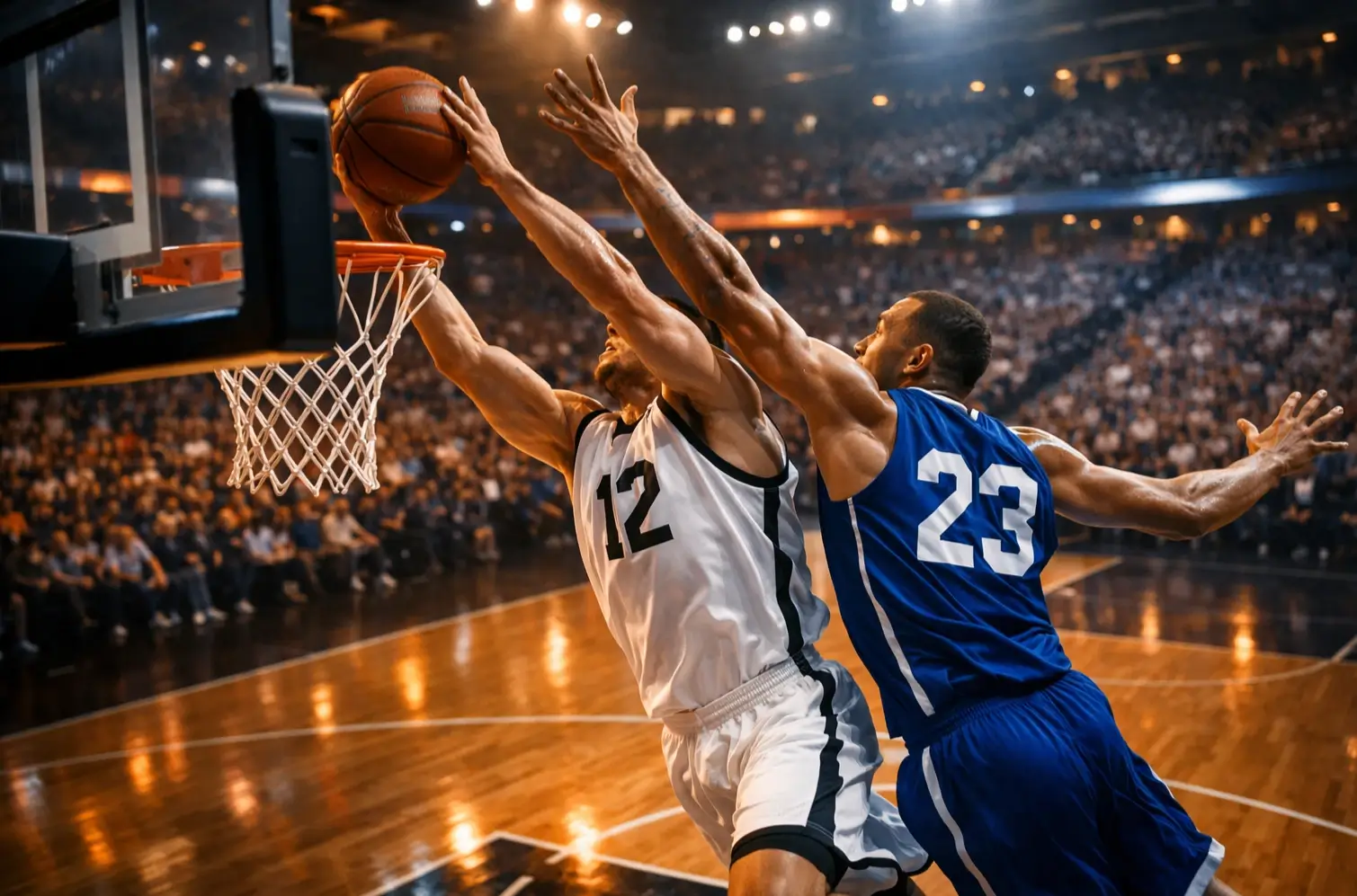 Partido de baloncesto NBA con jugadores en acción bajo las luces del pabellón