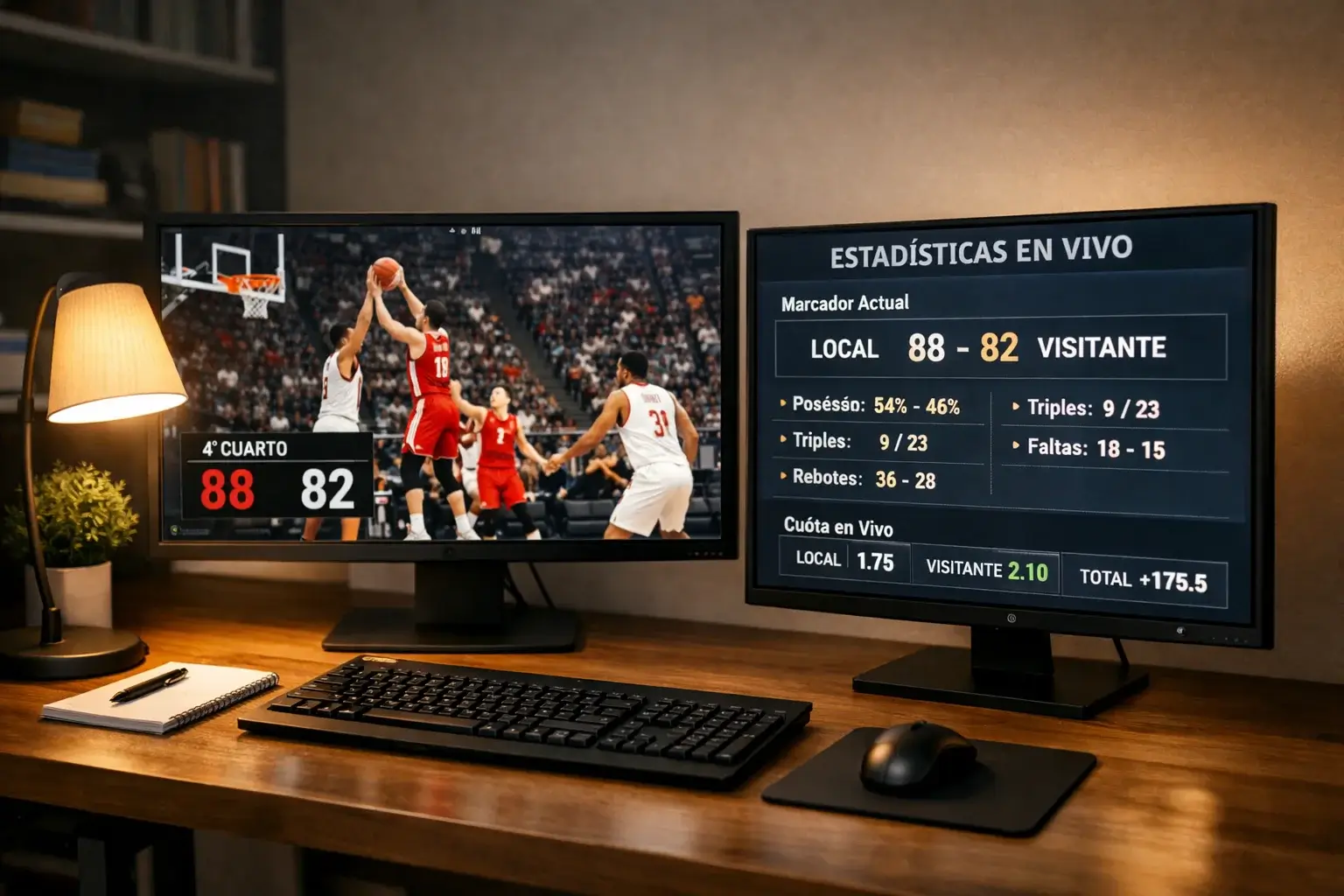 Setup de escritorio con múltiples pantallas mostrando partido y estadísticas