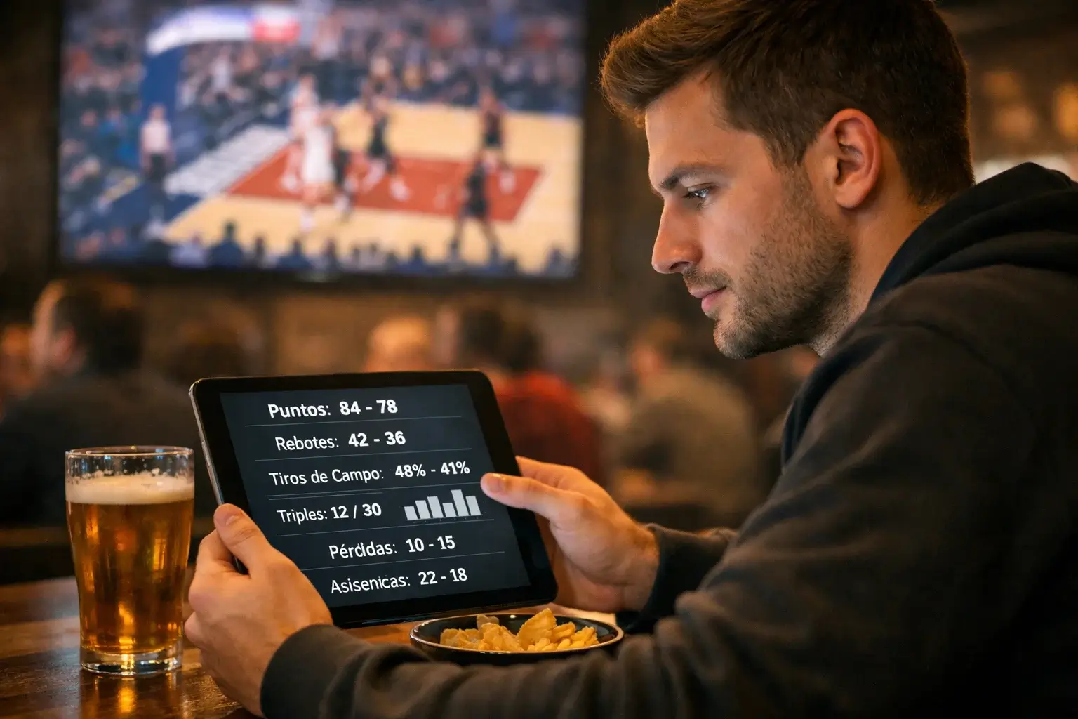 Aficionado analizando estadísticas de baloncesto en tablet durante un partido