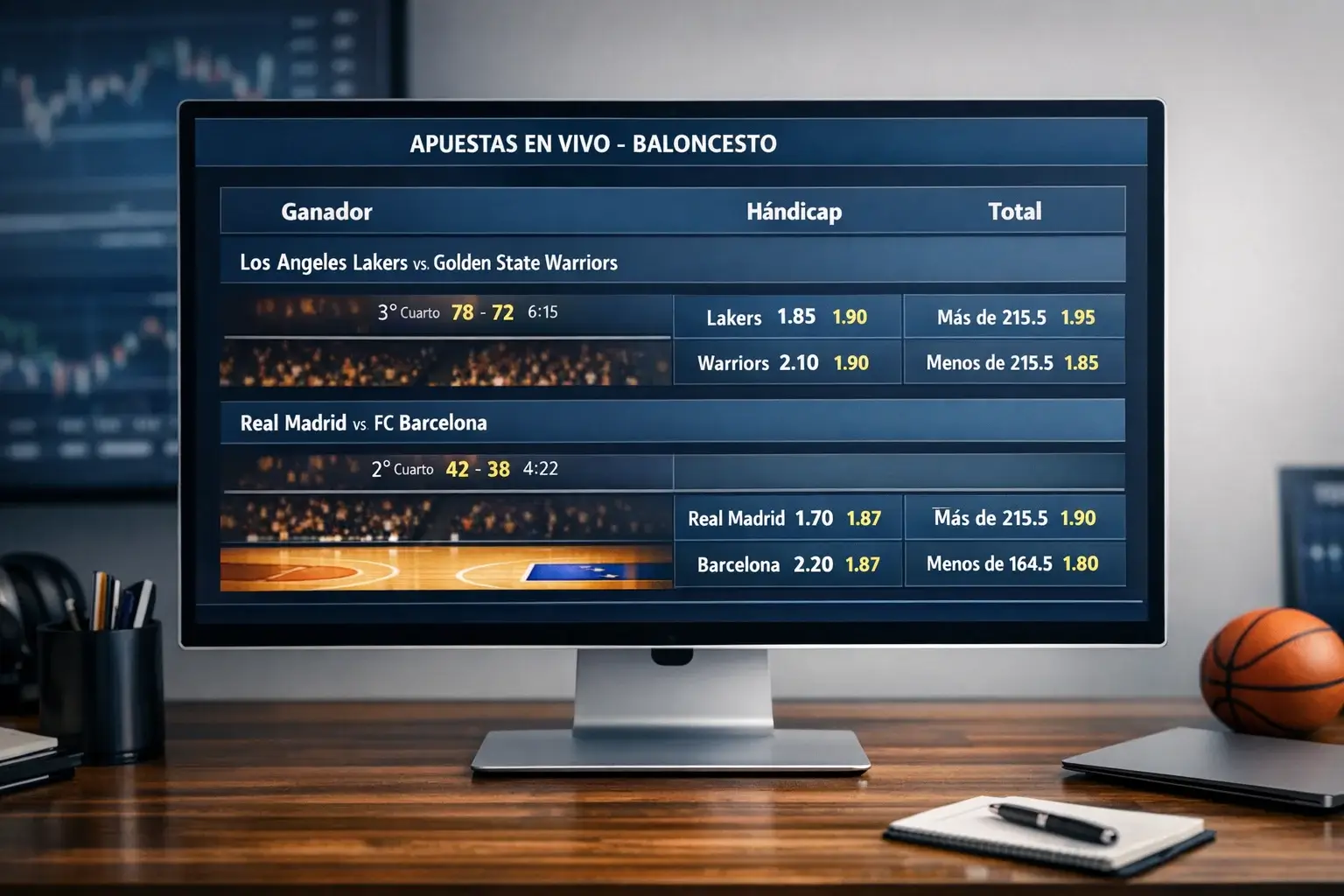 Pantalla de ordenador con múltiples mercados de apuestas en vivo abiertos