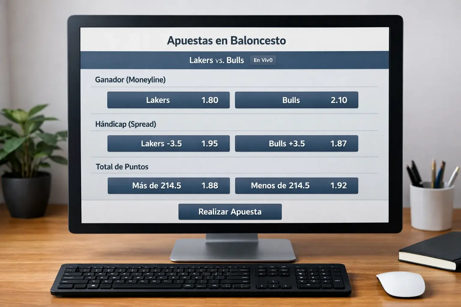 Pantalla de ordenador mostrando diferentes opciones de mercados de apuestas NBA