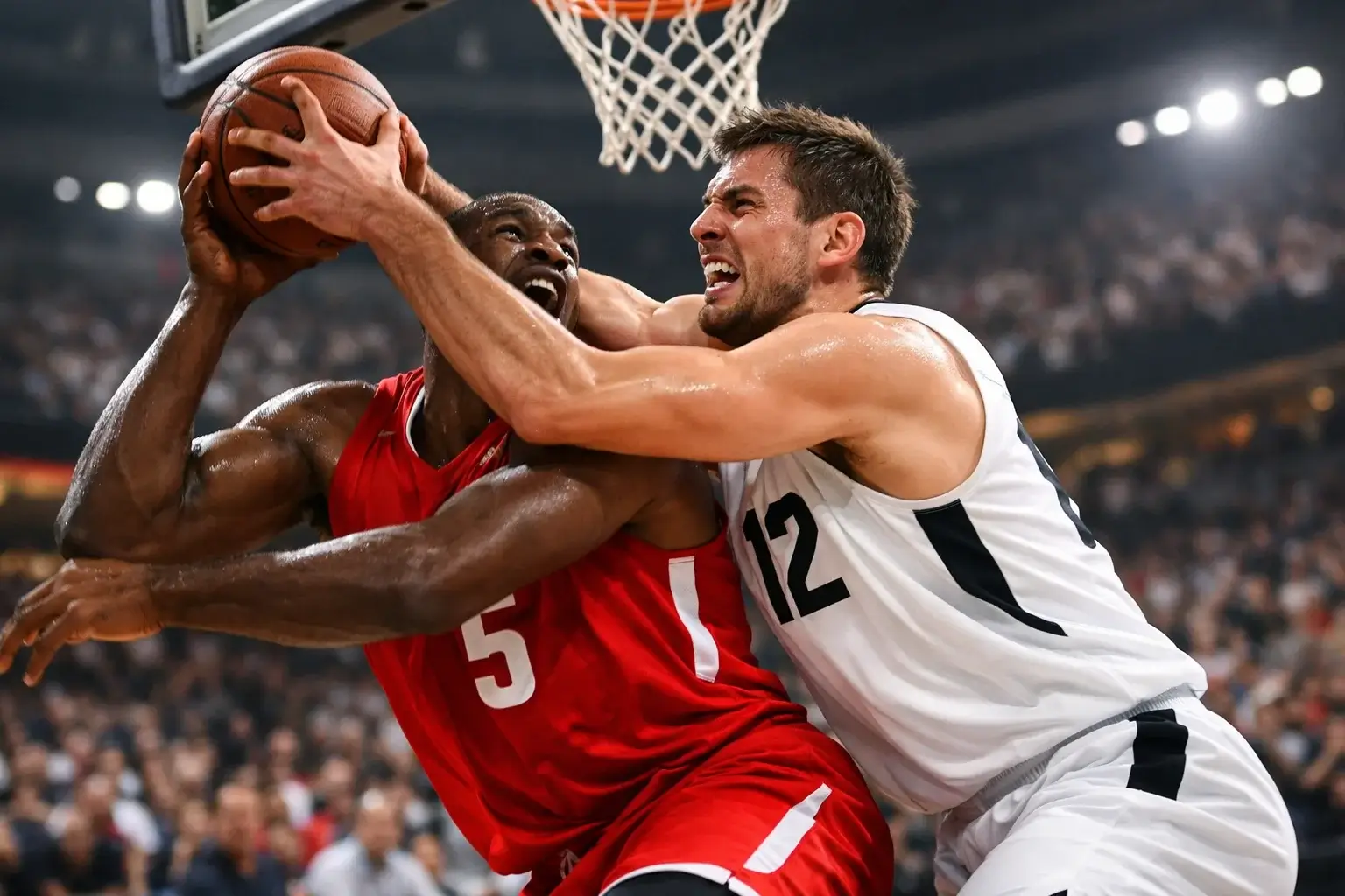 Jugadores de baloncesto NBA en acción durante un partido con estadio lleno