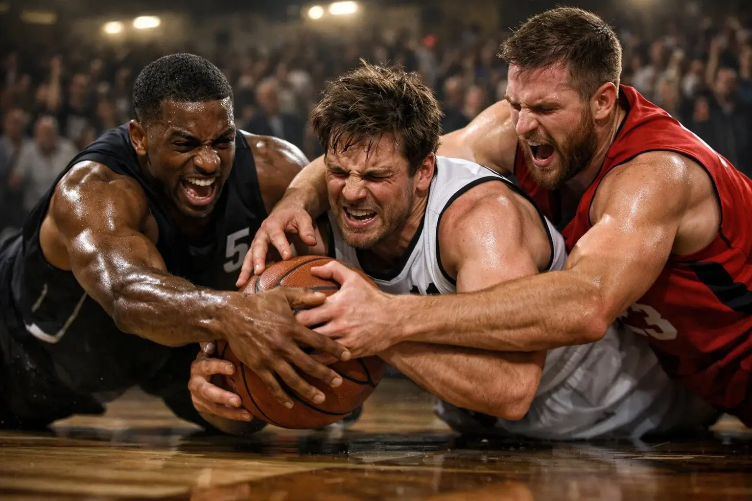 Momento decisivo de playoffs NBA con jugadores compitiendo por el balón