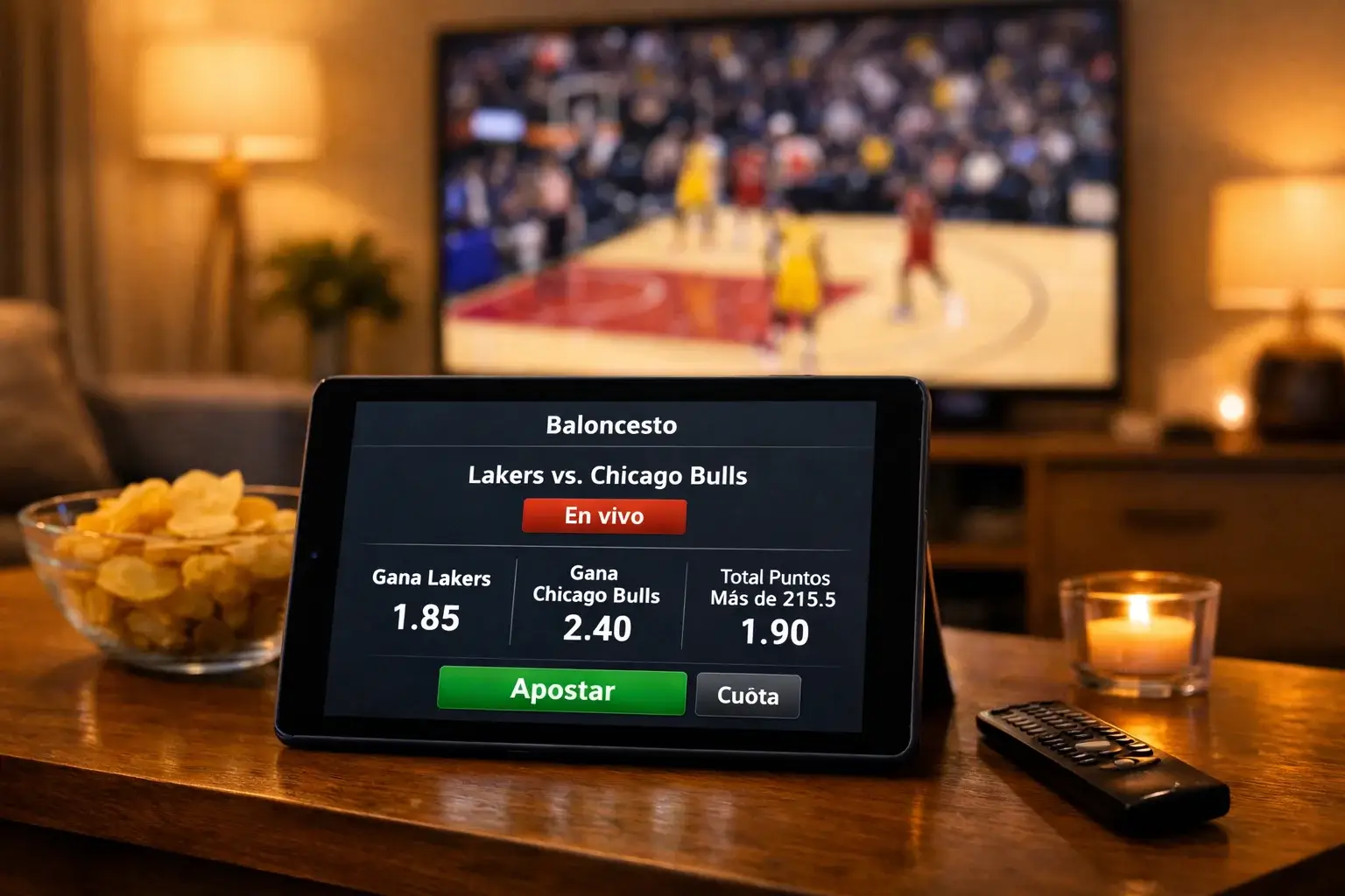 Tablet mostrando cuotas de apuestas en vivo junto a un partido de baloncesto en TV