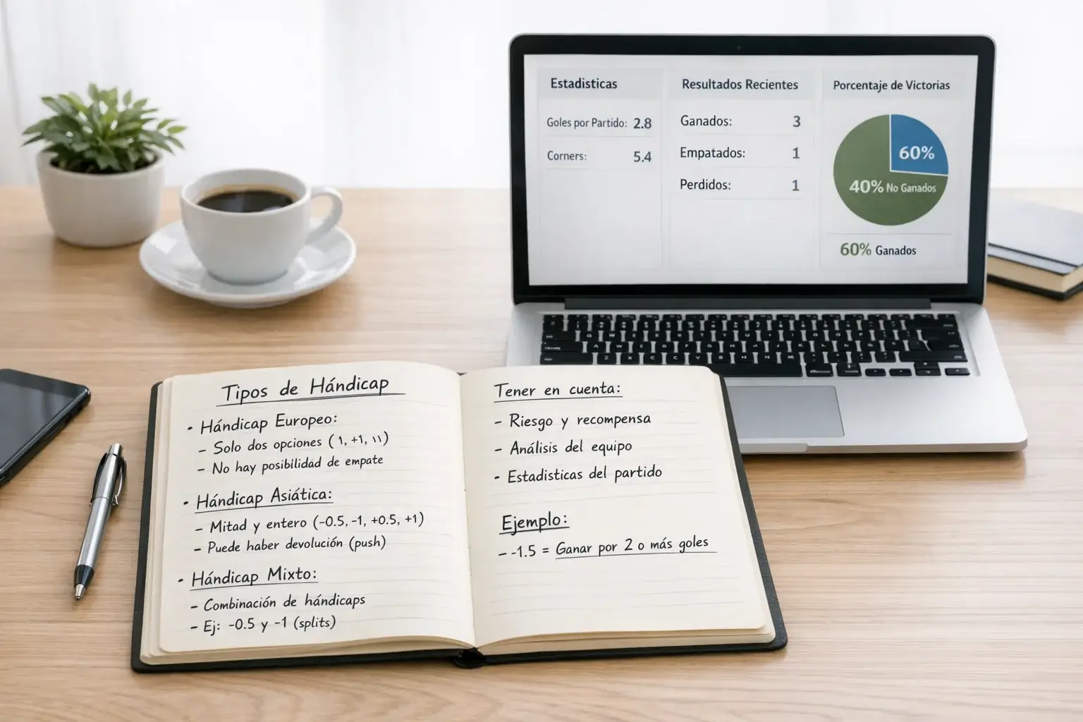 Mesa de trabajo con documentos de análisis deportivo y notas sobre tipos de hándicap